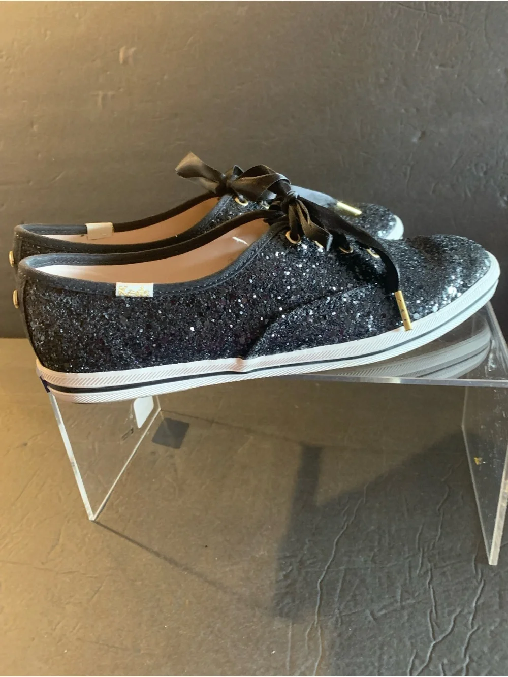 KEDS x KATE SPADE Women's 7.5 Black Glitter Lace-Up Low Top Sneakers